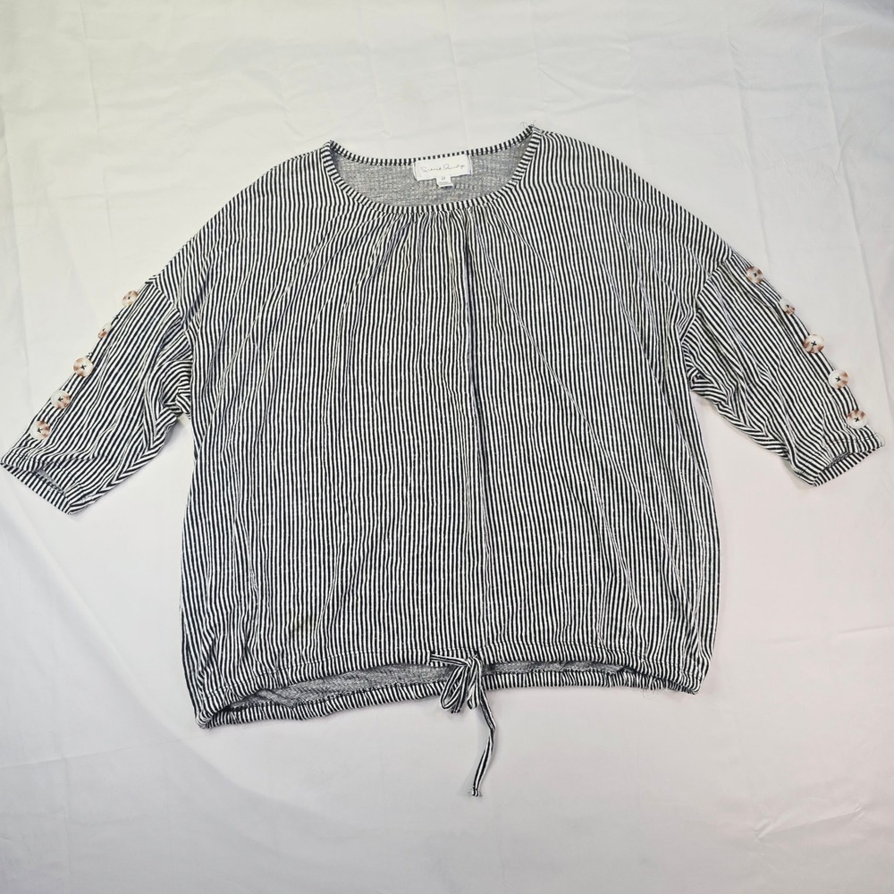 French Laundry Striped Knit Top Women 2X Black White Button Sleeve Drawstring